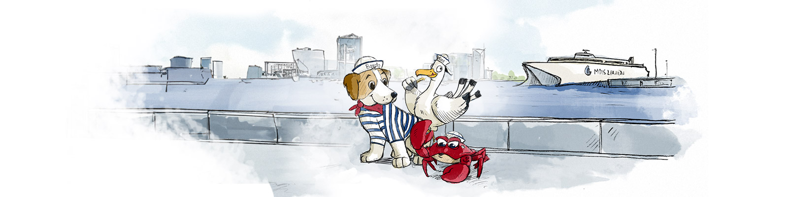 Illustration af en hund, måge og krabbe i sømandskostume ved kajen med Molslinjen færge i baggrunden.