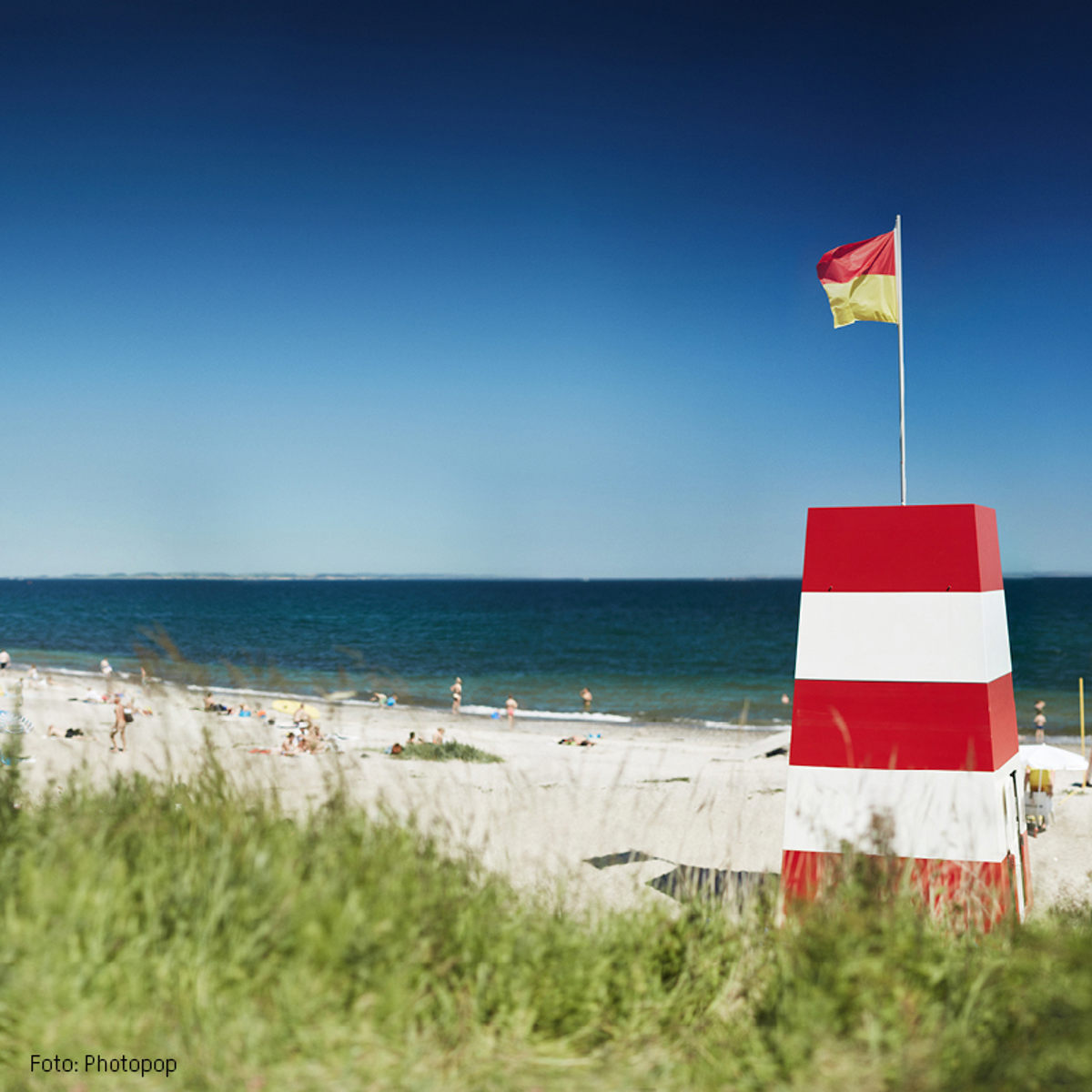 Rød-hvidt livreddertårn på sandstrand ved havet, set fra græsset i forgrunden, under klar blå himmel.