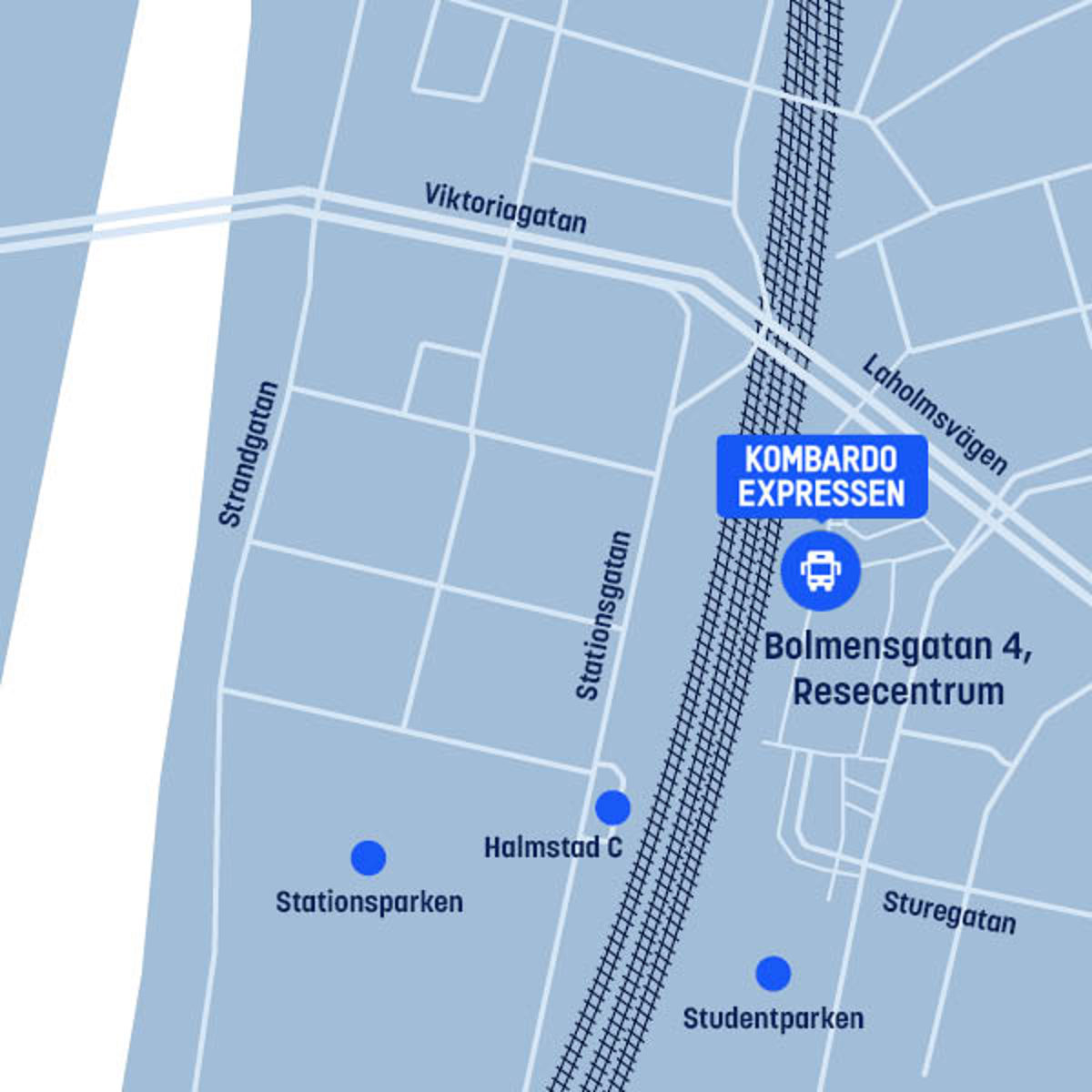 Karta över Halmstad med Kombardo Expressen nära Bolmensgatan 4, nära järnvägen.
