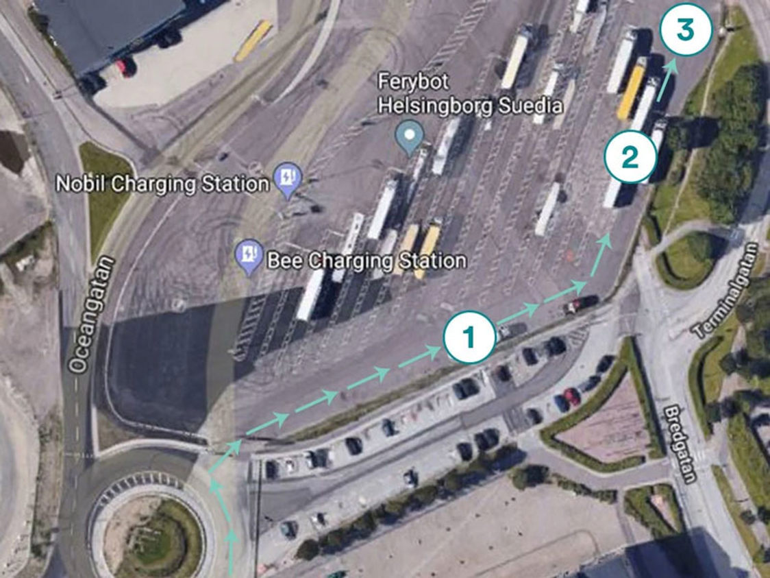 Karta över terminalområdet i Helsingborg med markerade vägar och laddstationer för elfordon.