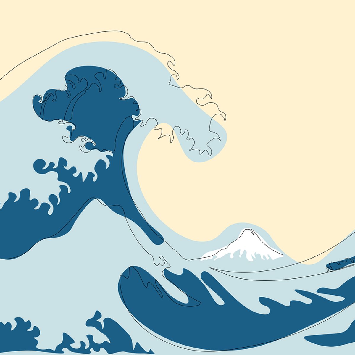 Modernized wave in Japanese style with mountain in background, inspired by "The Great Wave Off Kanagawa".