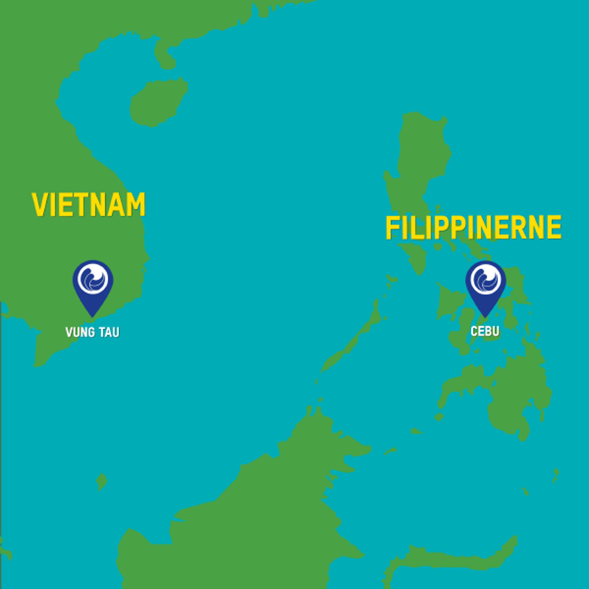 Kort over Vietnam og Filippinerne med markører for Vung Tau og Cebu placeret på kortet.