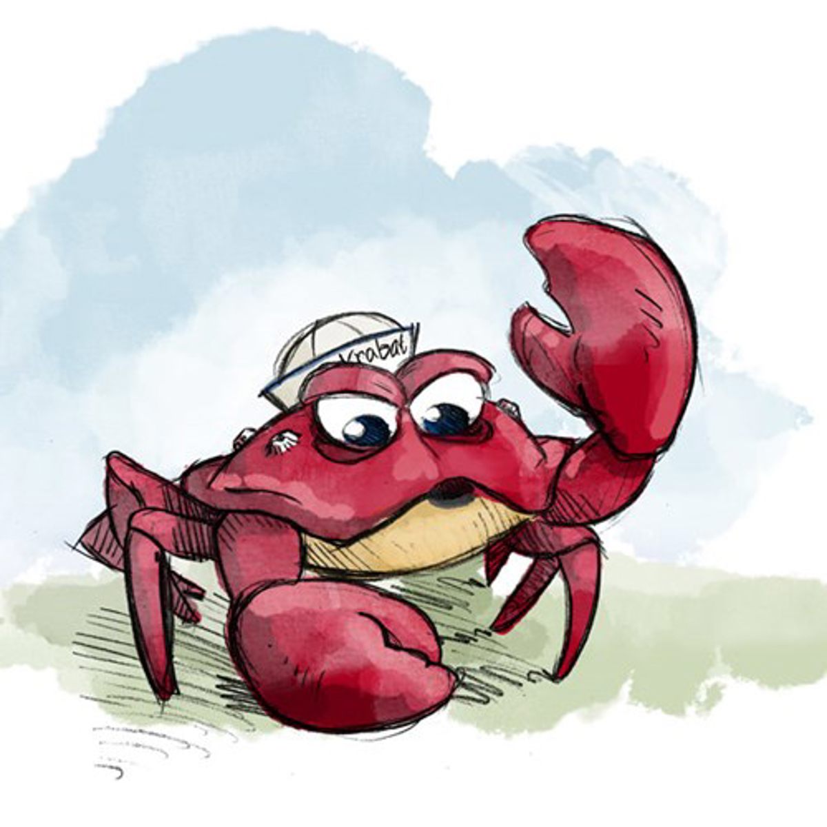 Rød tegneseriekrabbe med kasket, der kigger nysgerrigt, set på nærbillede med akvarelbagtæppe.