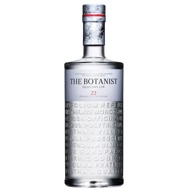 En flaska med The Botanist Islay Dry Gin med stilren design och relieftext på en vit bakgrund.