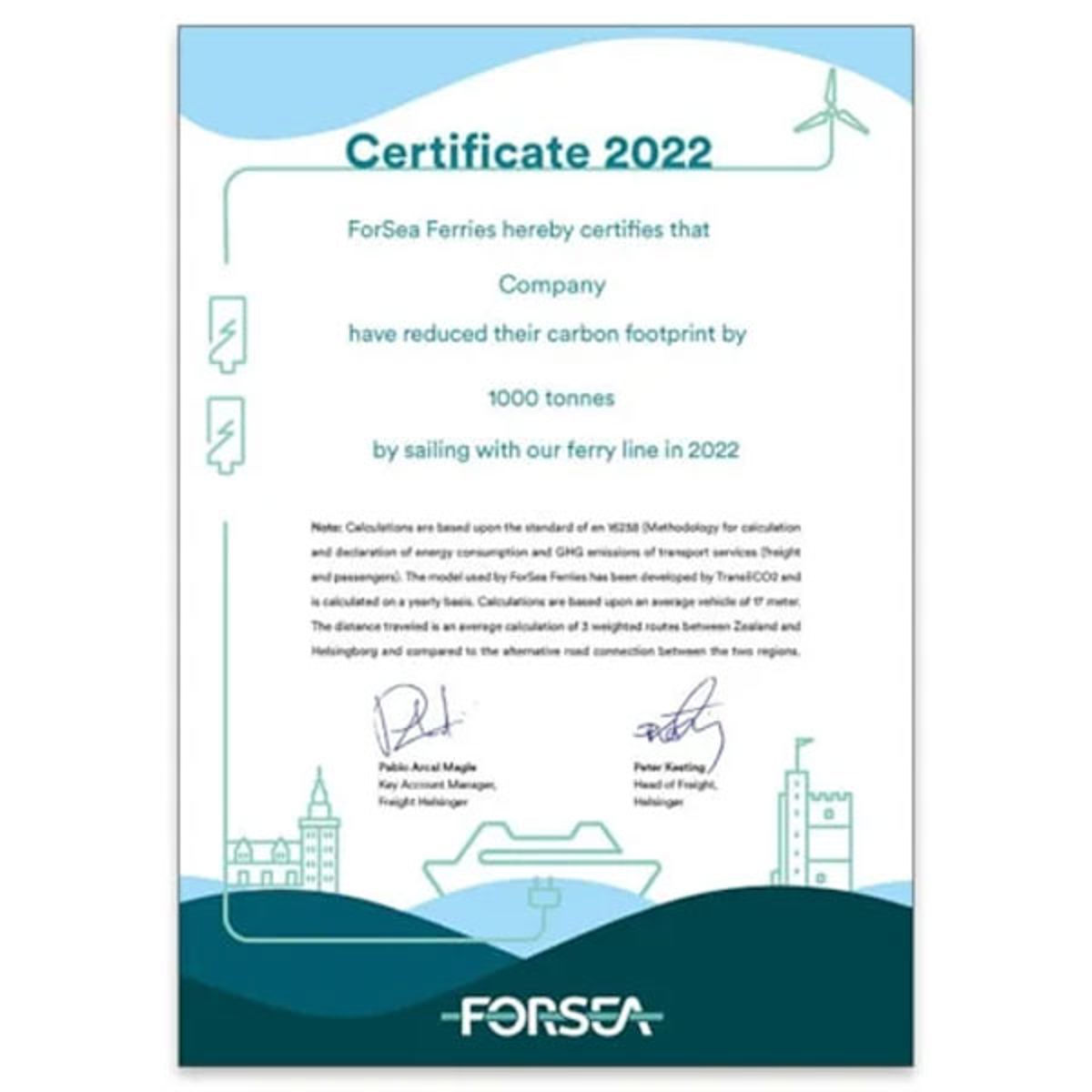 ForSea Ferries certifikat 2022 for reduceret CO2-udledning på 1000 tons ved at sejle med færgelinjen.