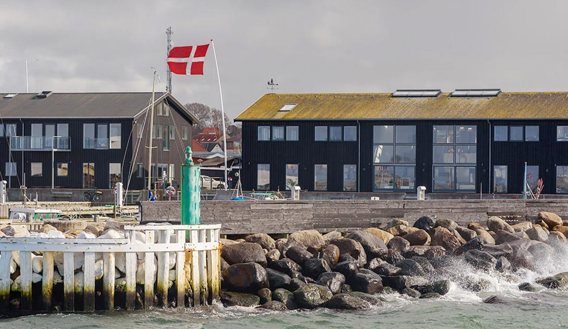 Dansk flagga vajar vid Hundested hamn med vågor som slår mot stenarna i en kustnärbild.