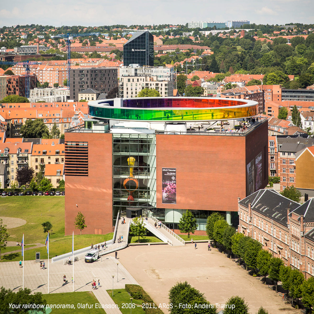 ARoS Kunstmuseum med Olafur Eliassons regnbuepanorama set fra oven i Århus.