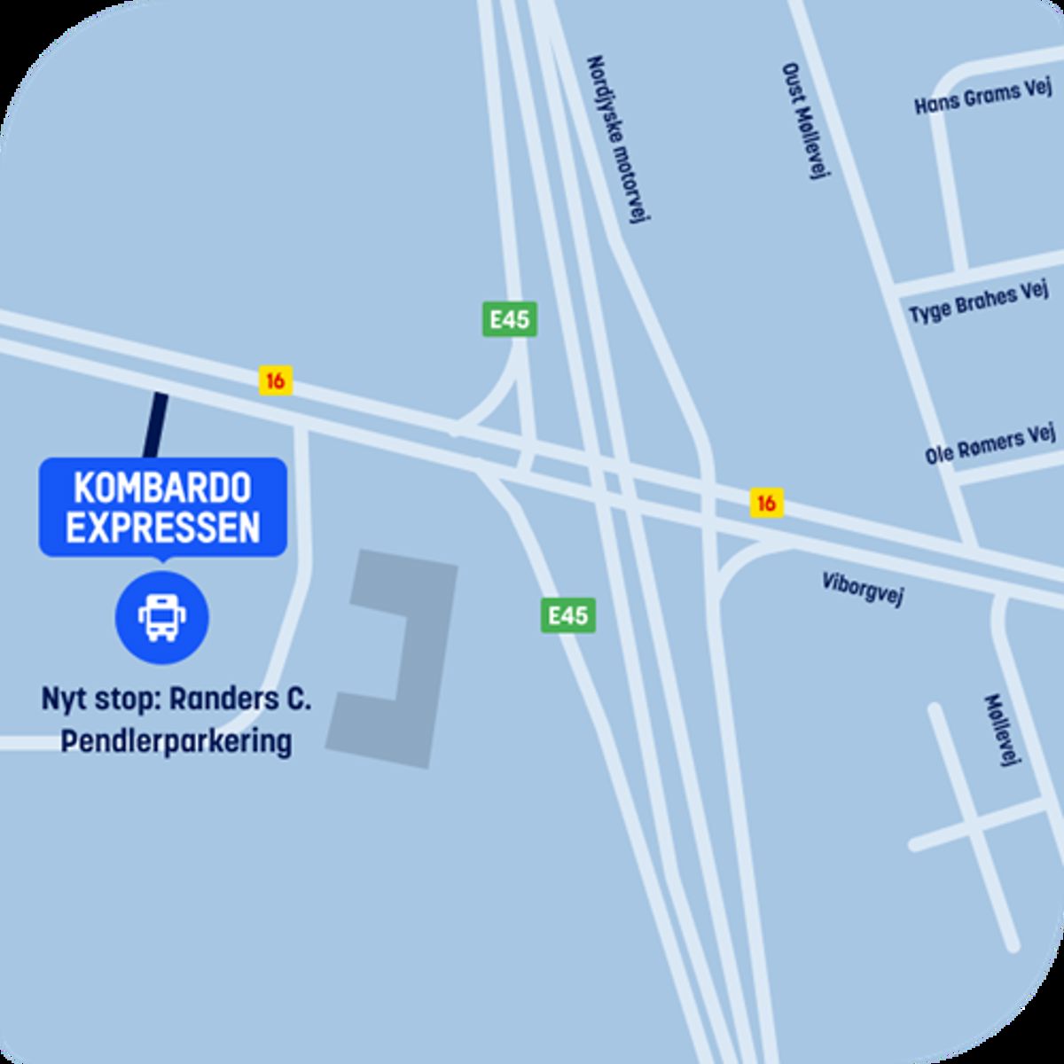 Kombardo Expressen kort viser nyt stop ved Randers C. Pendlerparkering nær E45 og Viborgvej.
