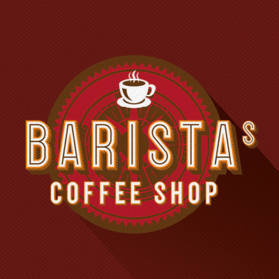 Barista kaffebar logo med dampende kaffekop i midten på rød baggrund.