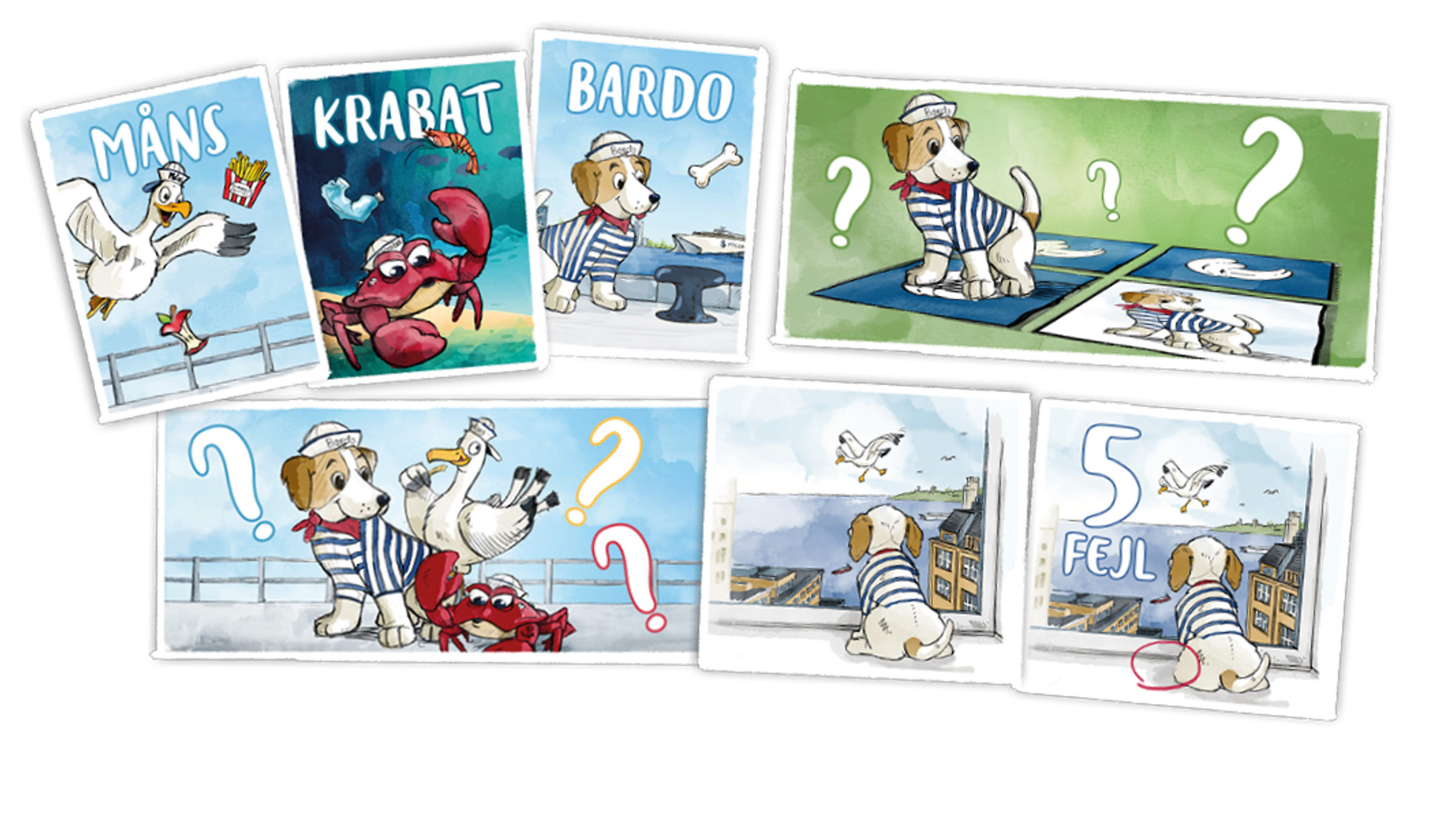 Tegnede kort med hunden Bardo, krabben Krabat og mågen Måns i forskellige scenarier.