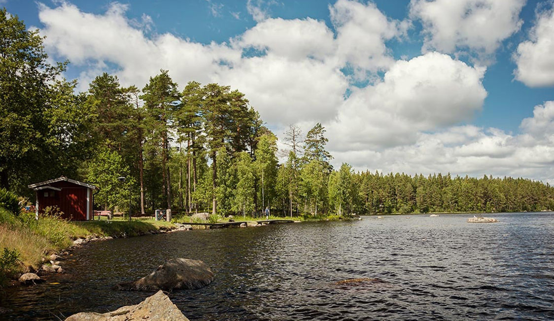 Svensk skovsø omkranset af tætte grønne træer under en skyet blå himmel med en rød træhytte ved vandkanten.