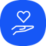 Blå baggrund med en flad hånd, hvor der er et hjerte, der svæver.