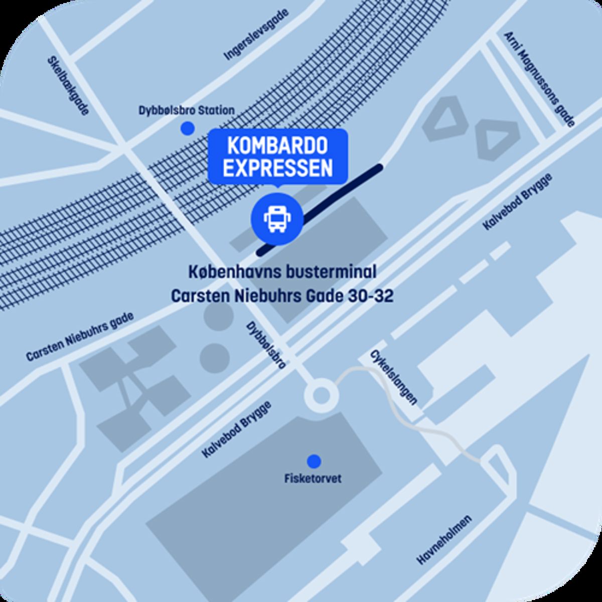 Kort over Kombardo Expressen stoppested ved Københavns busterminal på Carsten Niebuhrs Gade 30-32.
