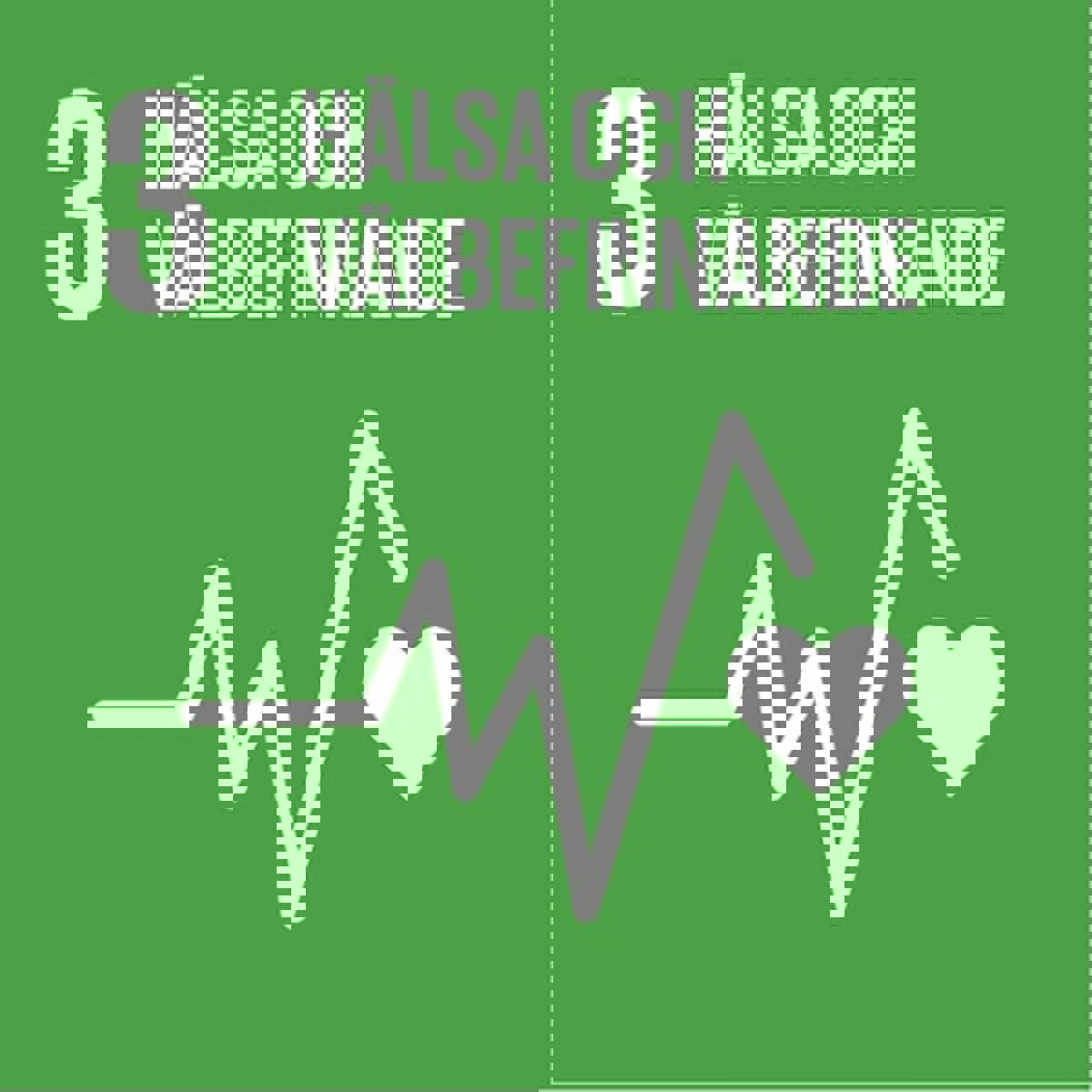 En grön bakgrund med tredje världsmålet och en hjärtslagssymbol.