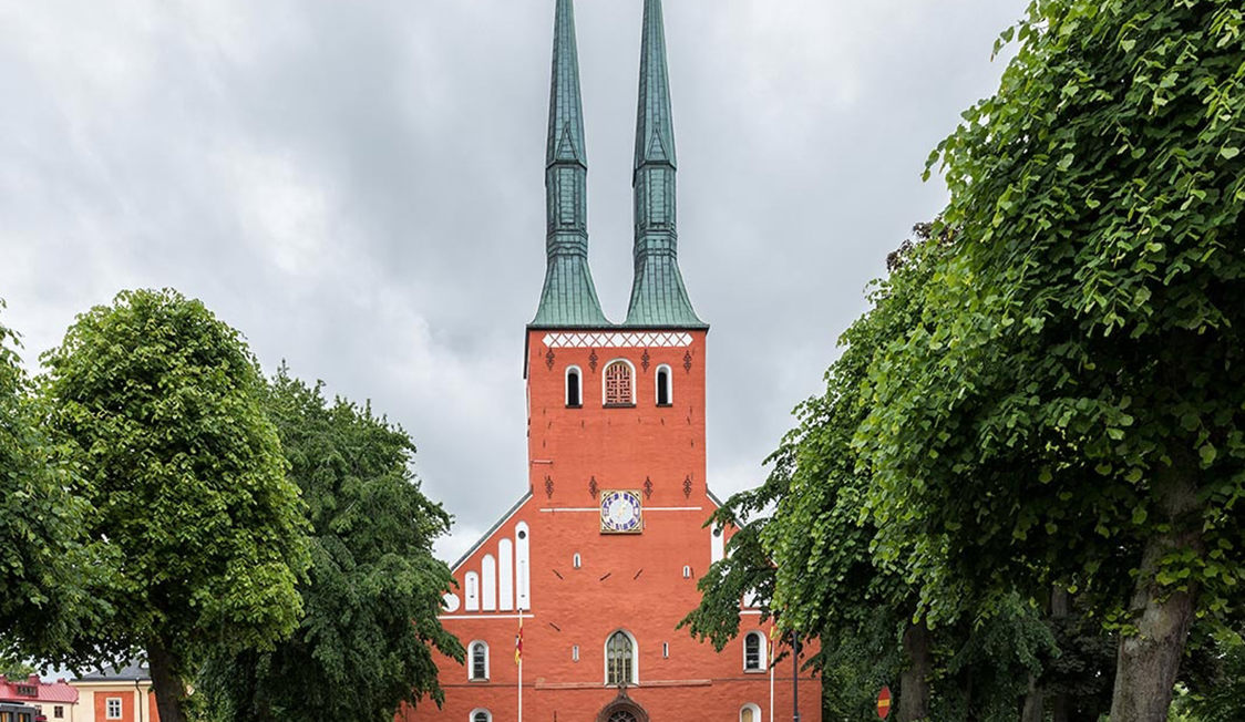 Højdedetalje af domkirke i røde mursten med to spir, omgivet af grønne træer under en skyet himmel.