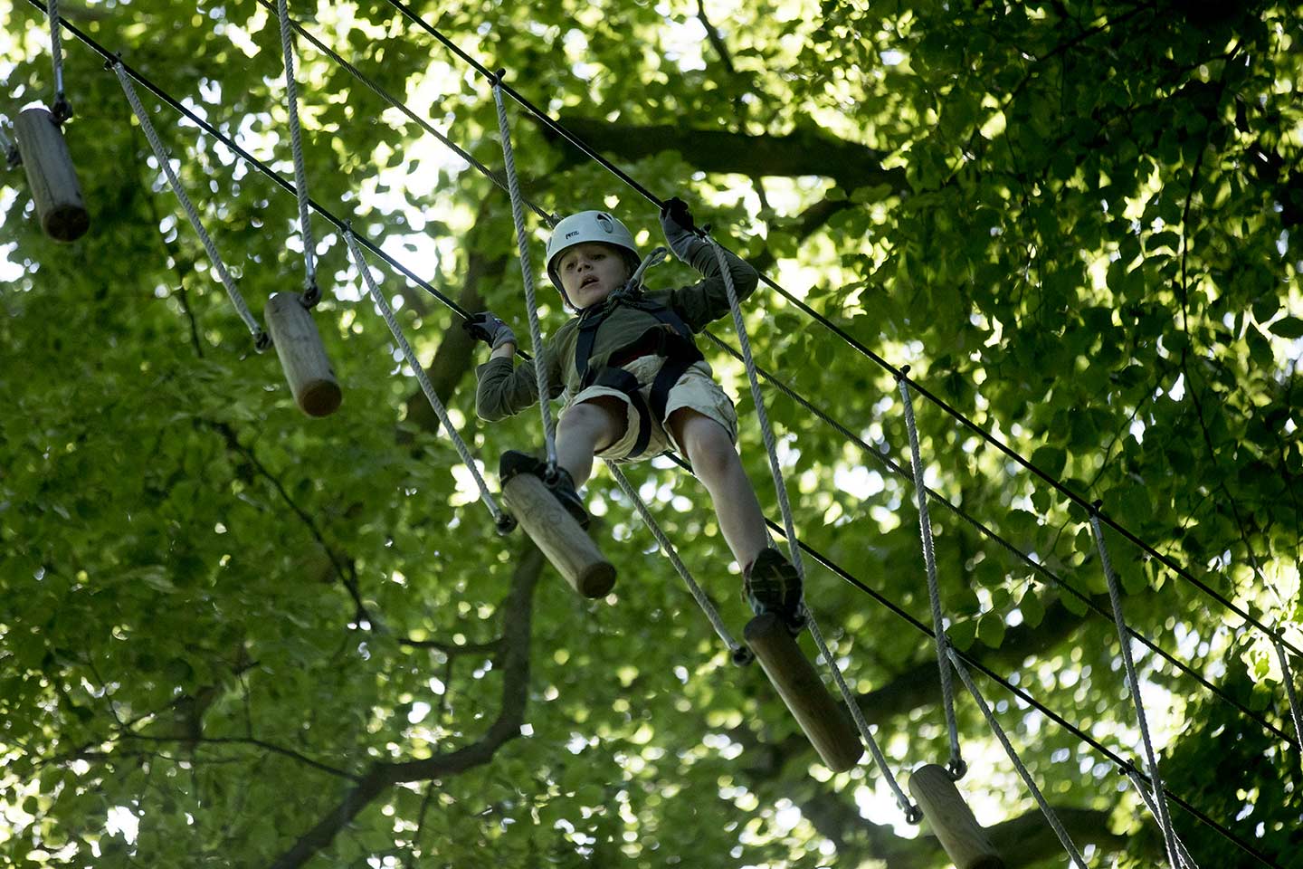 Barn klatrer på forhindringsbane i skoven iklædt sikkerhedsudstyr og hjelm.