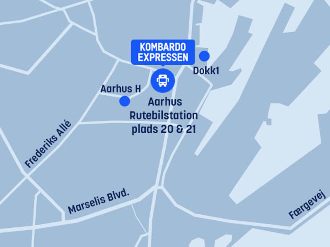 Kort over Aarhus viser Kombardo Expressen ved Rutebilstation, tæt ved Aarhus H og Dokk1.