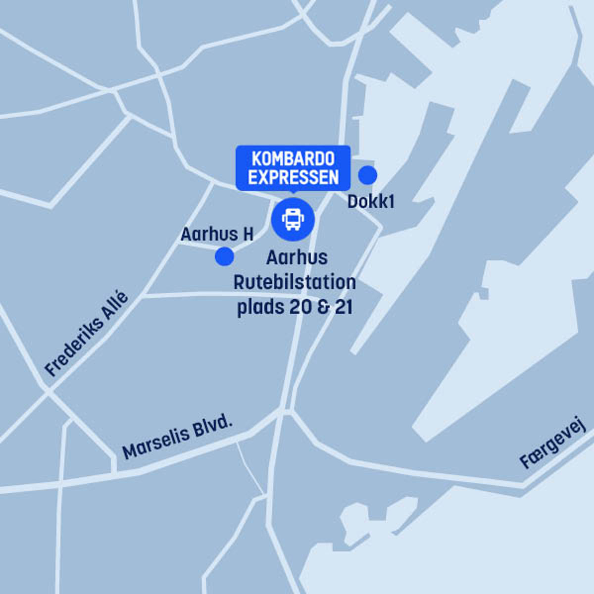 Kort over Aarhus viser Kombardo Expressen ved Rutebilstation, tæt ved Aarhus H og Dokk1.