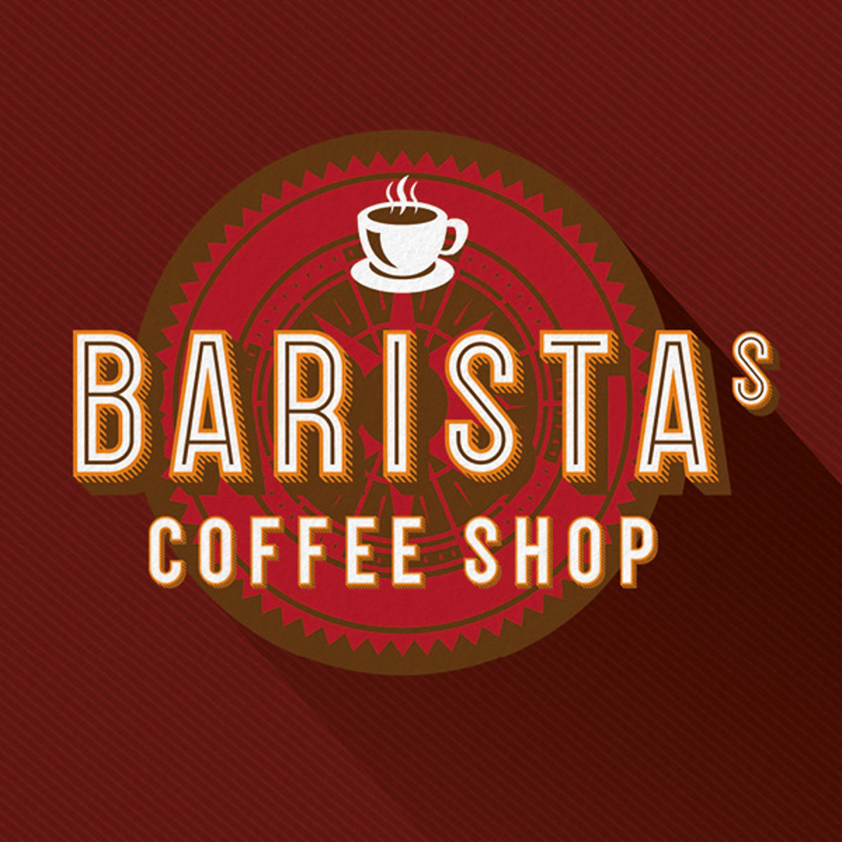 Barista kaffebar-Logo mit einer dampfenden Kaffeetasse auf rotem Hintergrund.