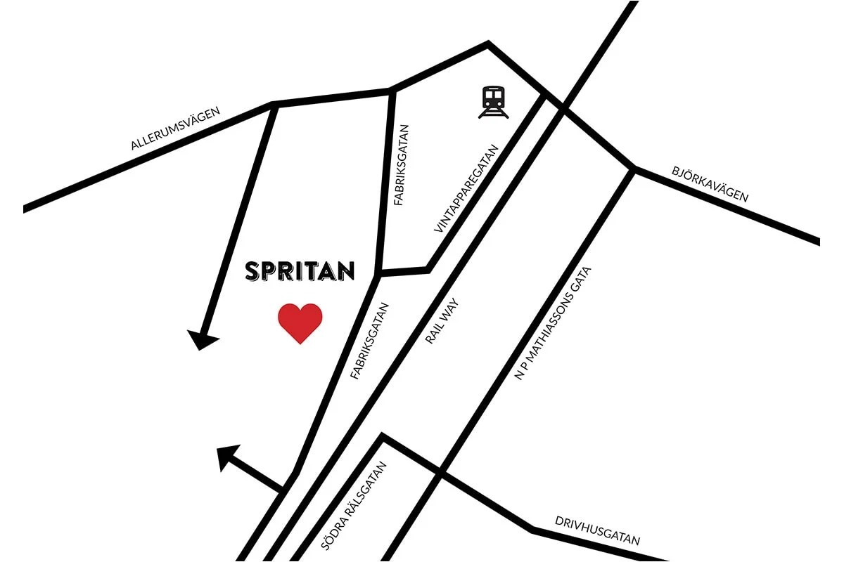 Kort over veje til Spritan med hjerteikon, der viser placering nær Vintapperigatan og Fabriksgatan i Landskrona.