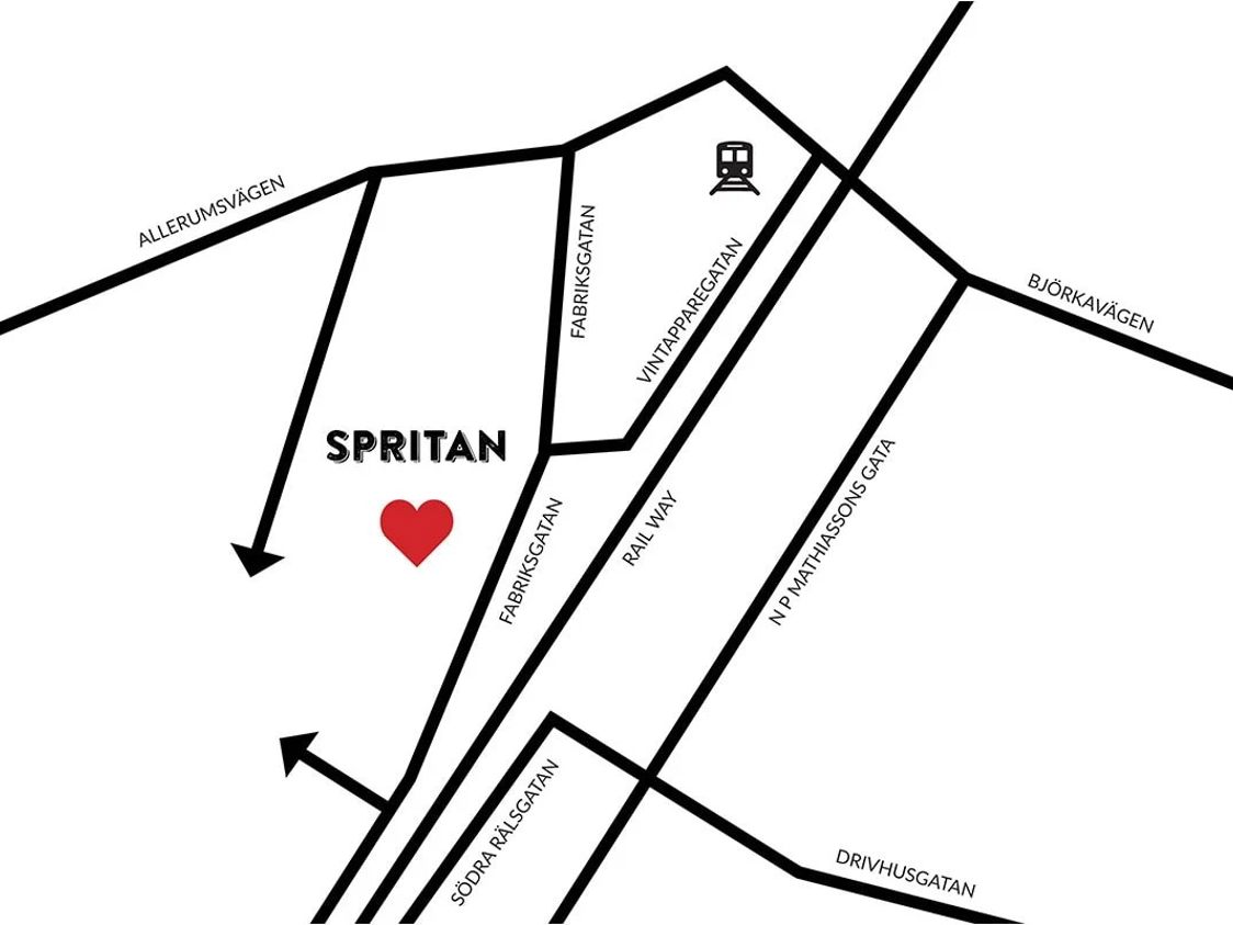 Kort over veje til Spritan med hjerteikon, der viser placering nær Vintapperigatan og Fabriksgatan i Landskrona.