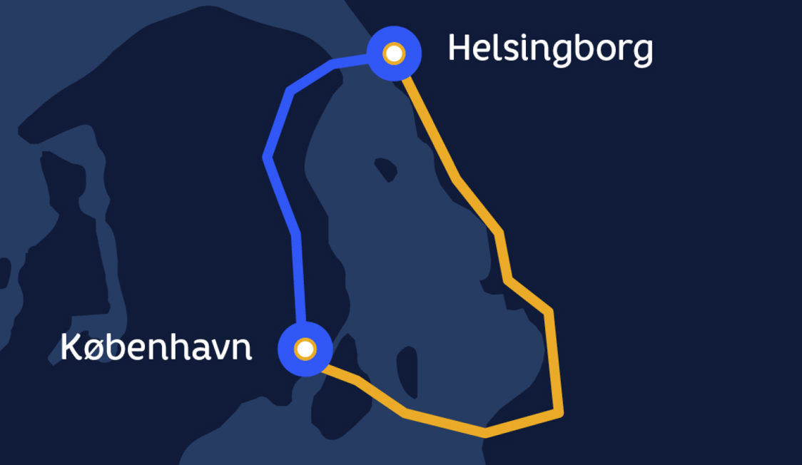 Kort over rute mellem København og Helsingborg med blå og gul linje for rejsealternativer.