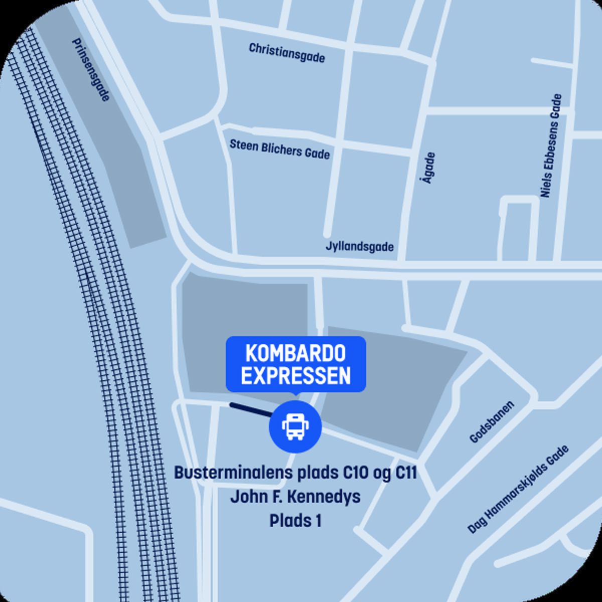 Kort over Kombardo Expressens placering ved Busterminalens plads i Aalborg med vejnavne markeret.