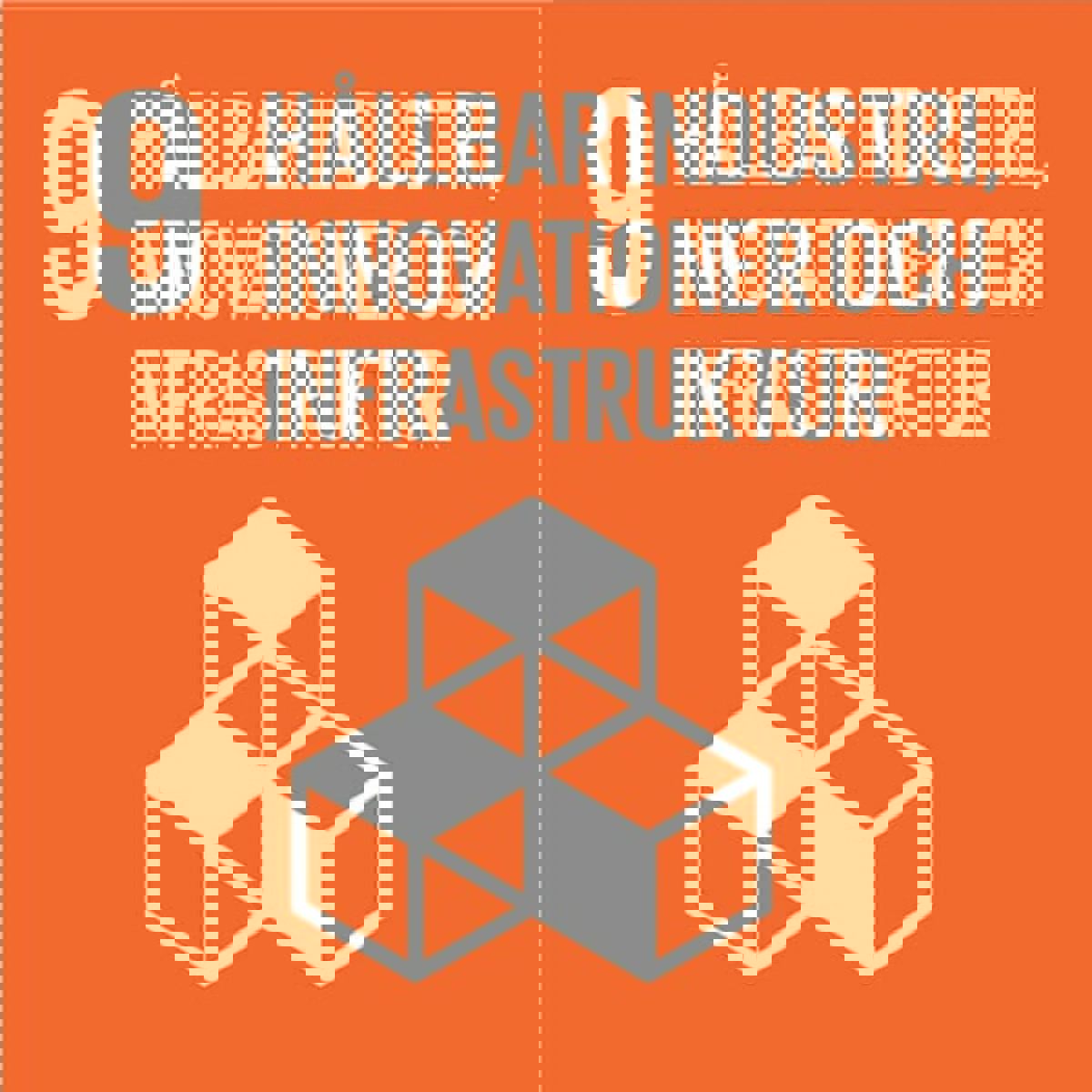 Orange bakgrund med det nionde målet och en symbol som visar tre rutor.