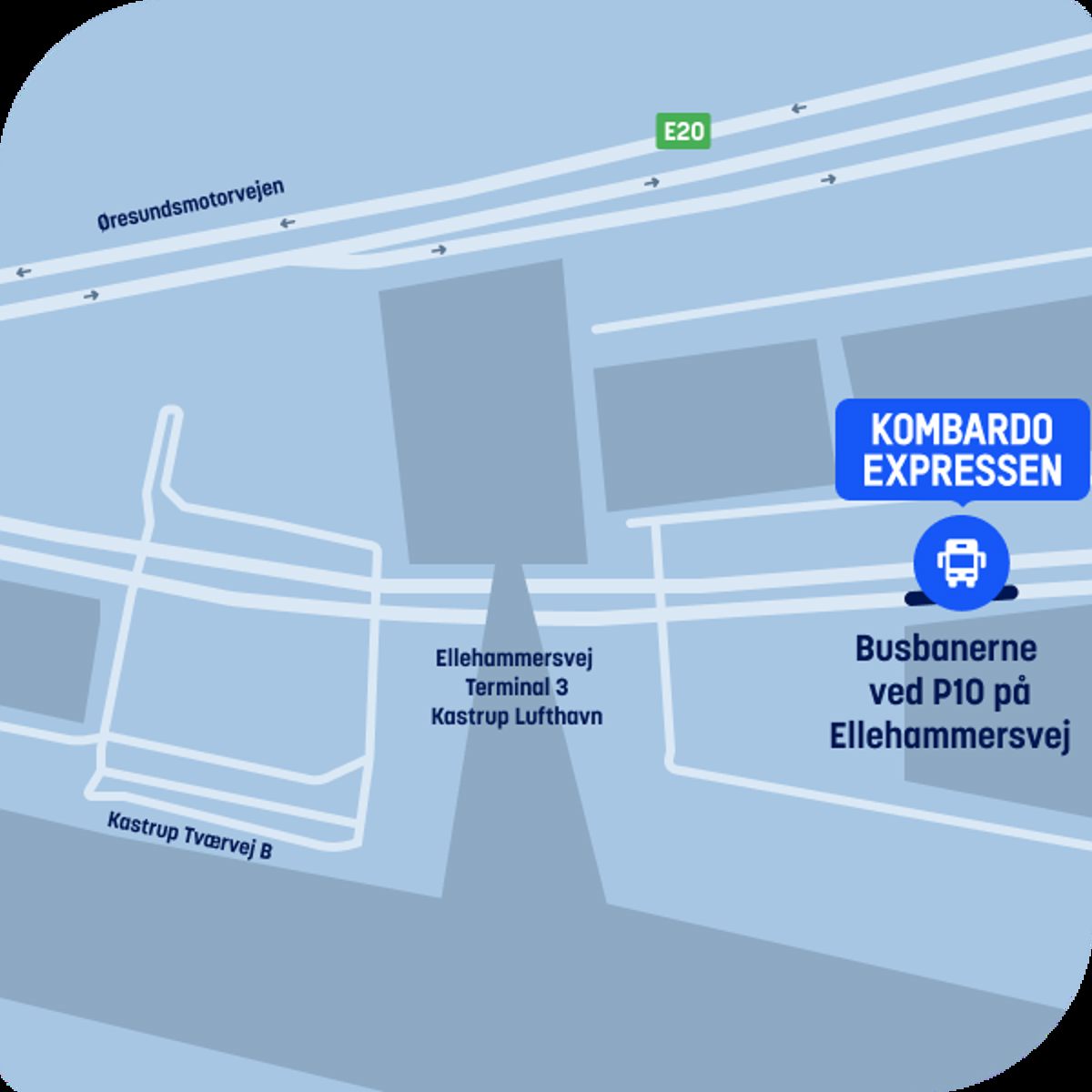 Kort over busstop ved Ellehammersvej Terminal 3, Kastrup Lufthavn, for Komardo Expressen med markerede ruter.
