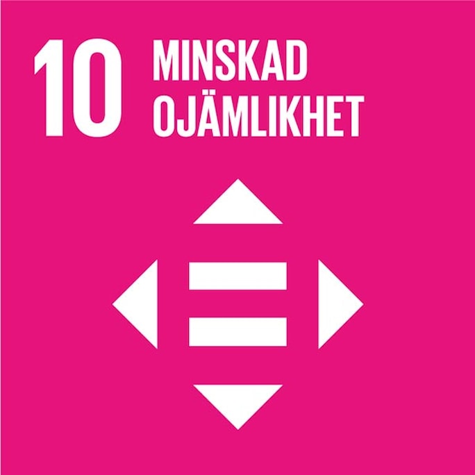 En rosa bakgrund med det tionde SDG-målet och en sumbol för likhetstecknet med fyra pilar i alla riktningar.