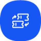 Ikon med to billetter og pile på blå baggrund, der symboliserer billetudveksling.