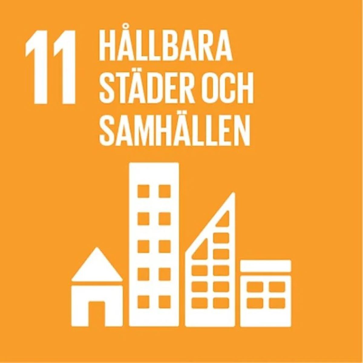 Ikon för mål 11, hållbara städer och samhällen, med vita byggnader på orange bakgrund.