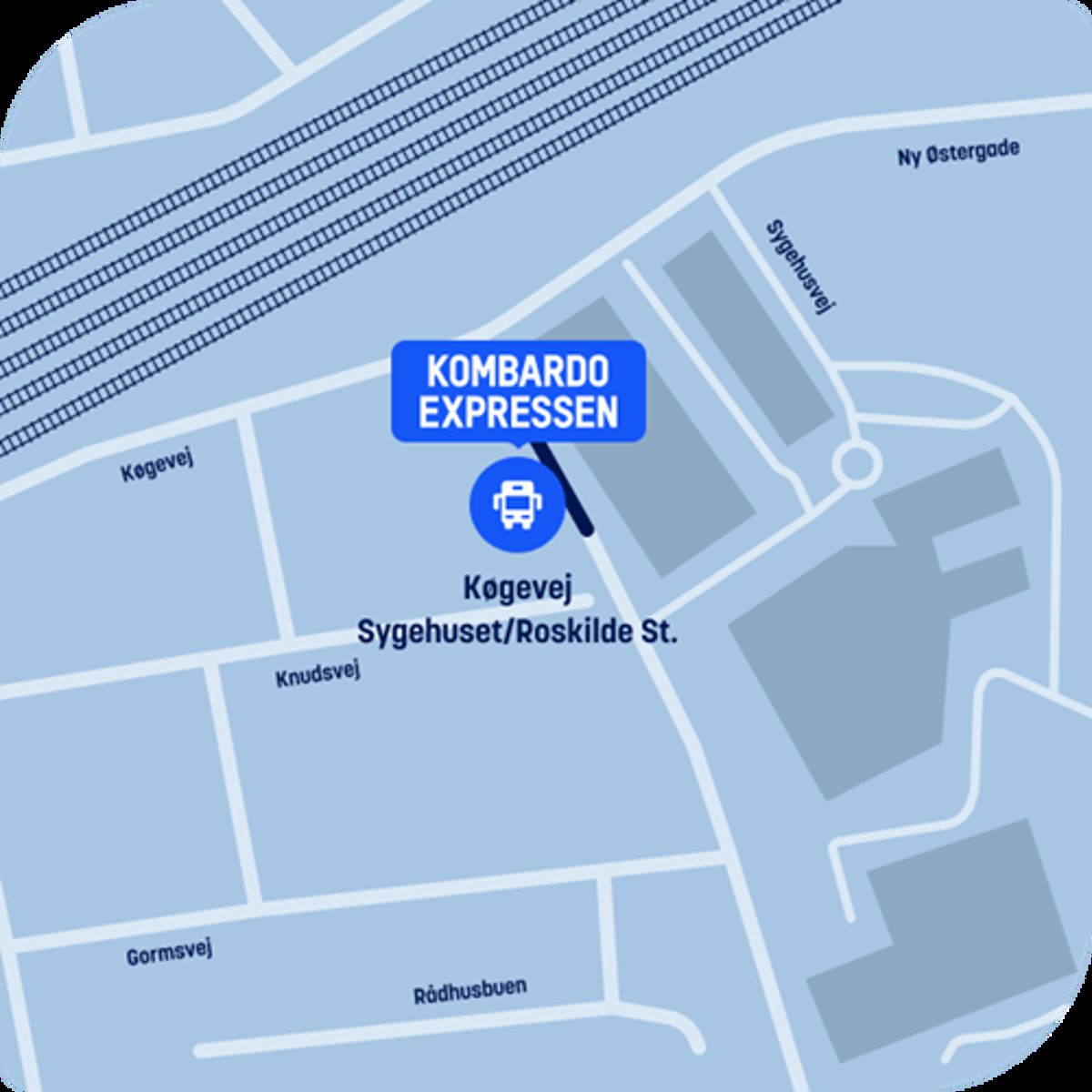 Kort viser placering af Kombardo Expressen ved Køgevej Sygehuset/Roskilde St.