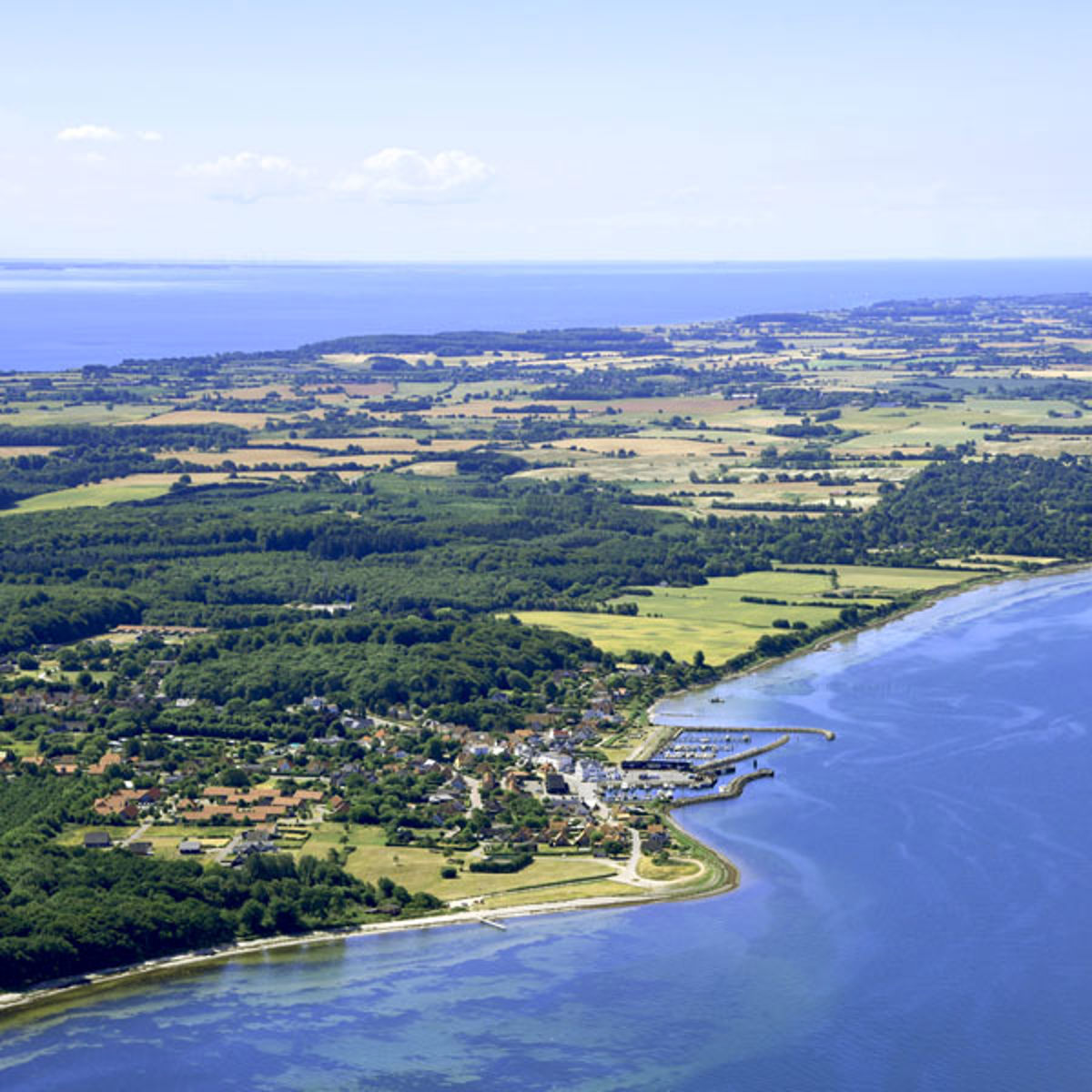 Luftfoto af kystlandskab med småby, marker og skov ved siden af Blåvands smukke kystlinje i Danmark.