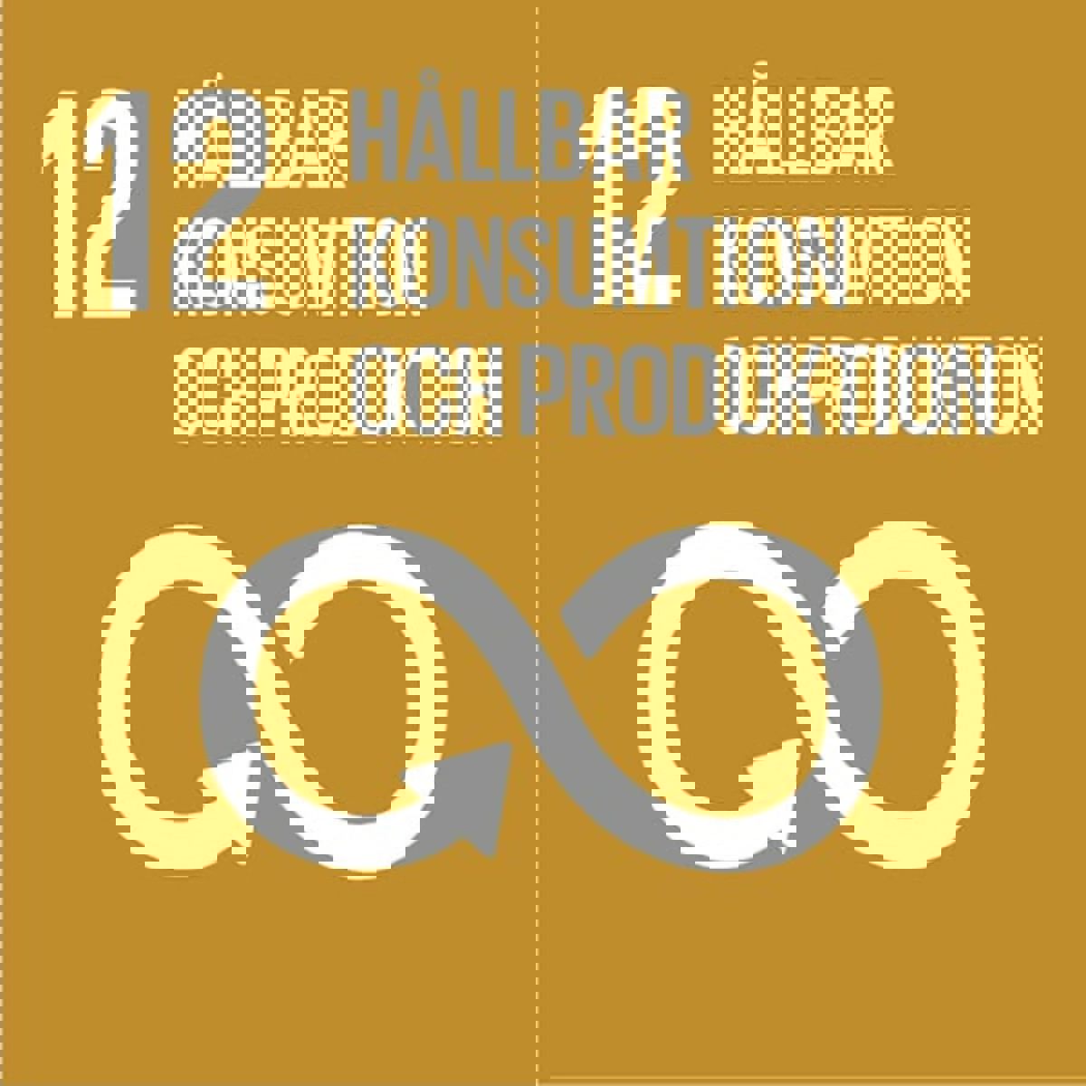 Gul bakgrund med det tolfte målet och infinity-symbolen i vitt.