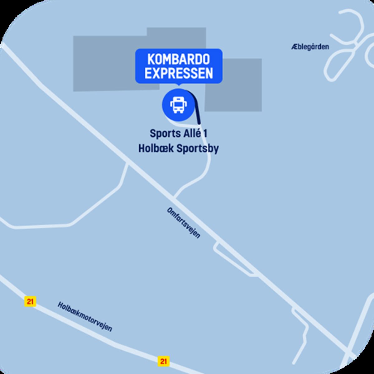 Kort over Kompardo Expressen stop ved Sports Allé 1 i Holbæk Sportsby med vejnavne og nærliggende motorvej.