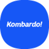 Kombardo blå baggrund med hvidt tekstlogo centralt placeret, minimalistisk og enkel design.