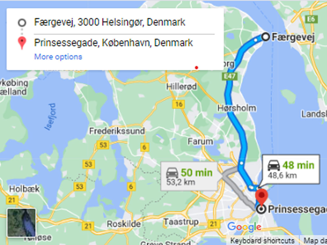"Vägbeskrivning på karta från Færgevej i Helsingör, Danmark till Prinsessegade, Köpenhamn med bilresa och tid."