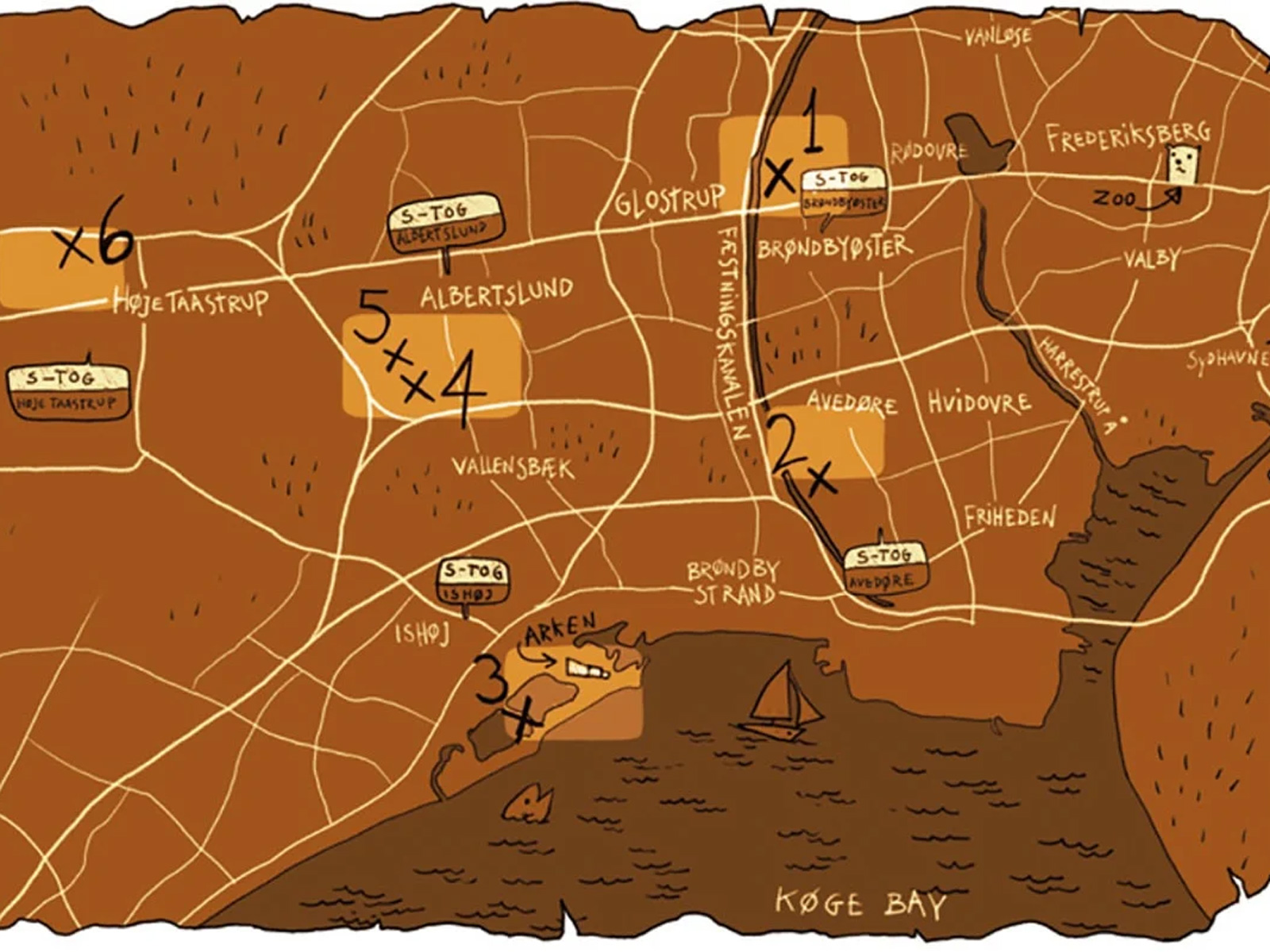 Karta över Jättetrollen på Själland med landskap och transportvägar illustrerade på en brun bakgrund.