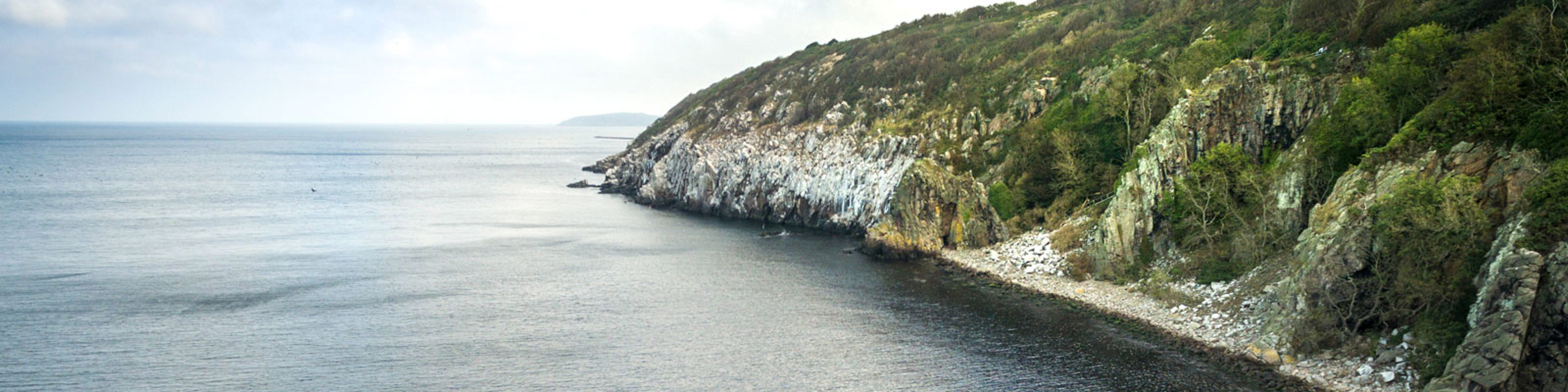 Stejle klipper på Bornholms kystlinje med udsigt over det rolige vand og en skyfri himmel i baggrunden.