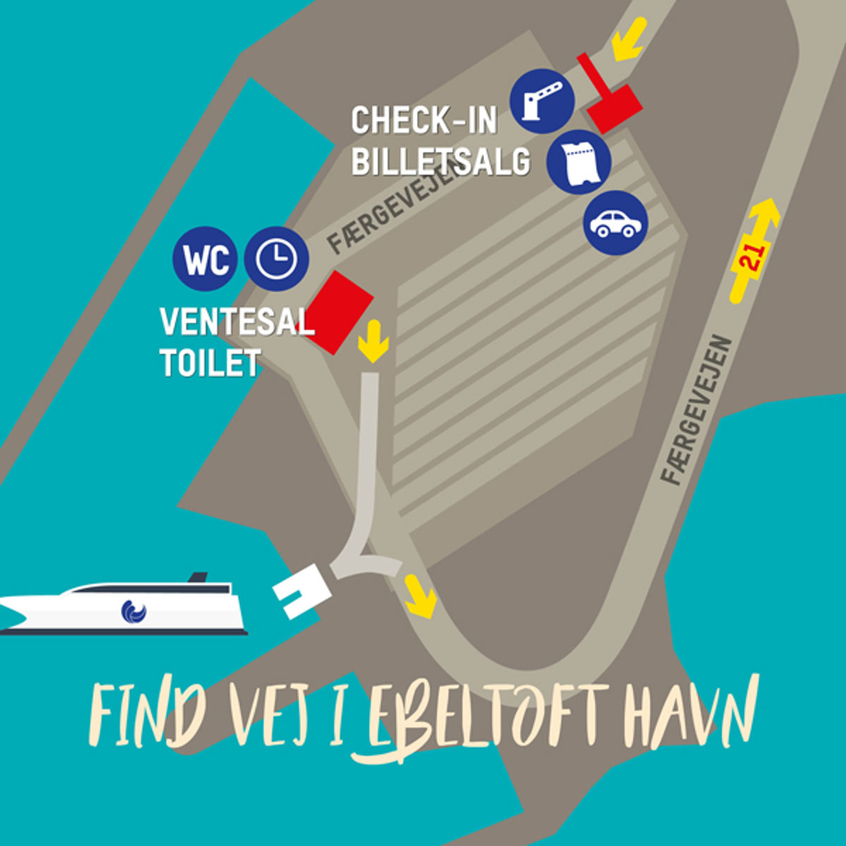 Kort over Ebeltoft Havn med markeringer for check-in, billetsalg og ventesal.