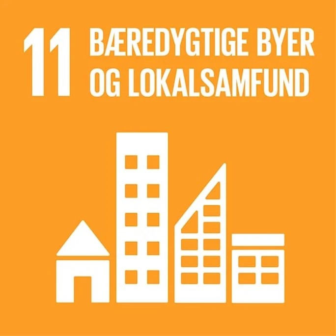 Mål 11: Bæredygtige byer og lokalsamfunds ikon med bygninger på orange baggrund.