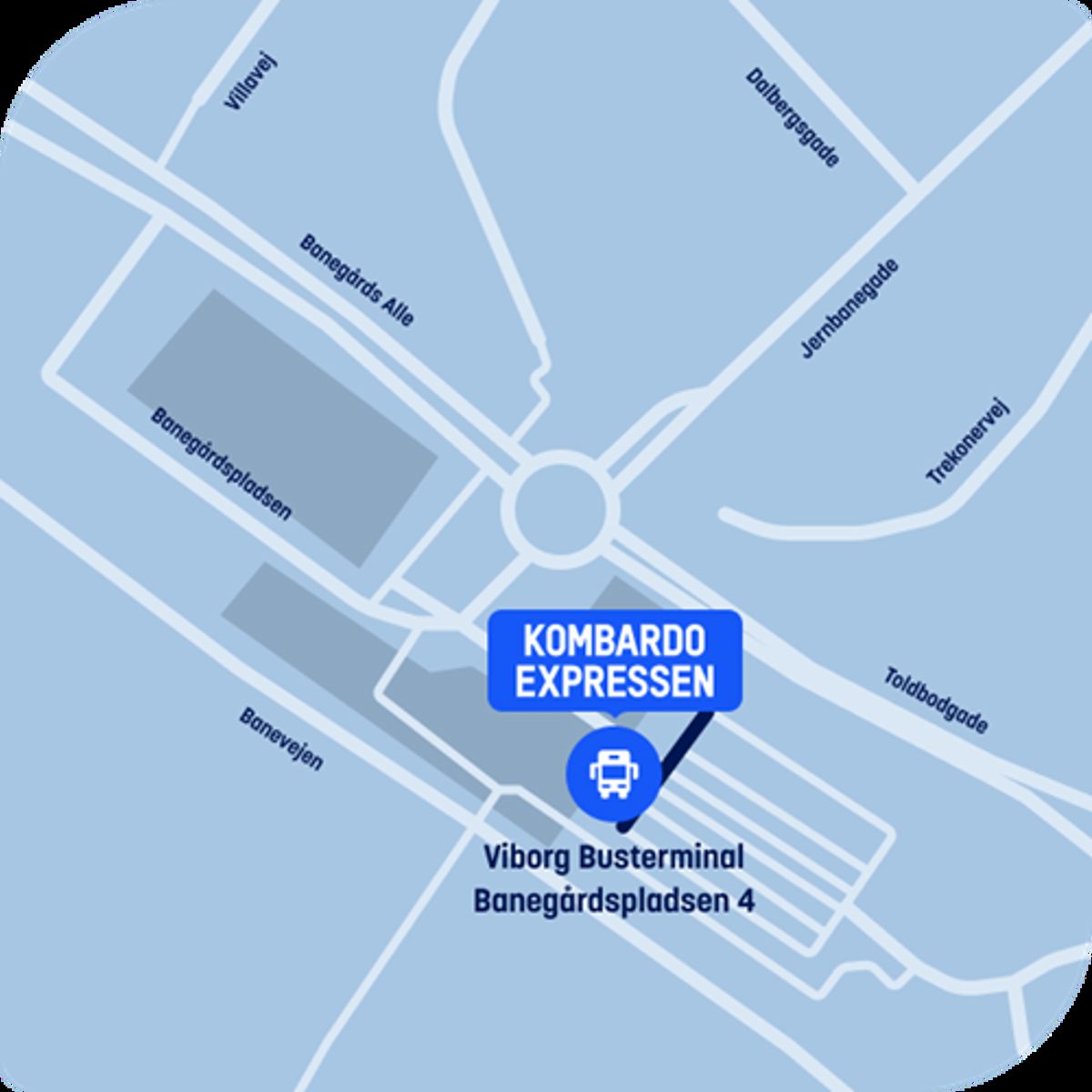 Kombardo Expressen rutevejledning til Viborg Busterminal på Banegårdspladsen 4 vises på et kort.