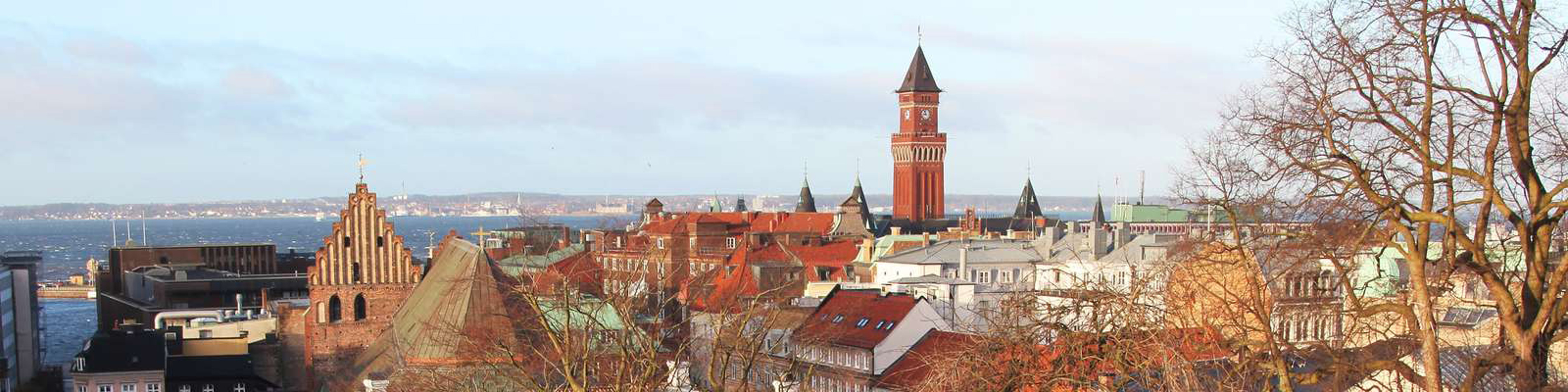 Panoramaudsigt over Helsingør by med røde tegltage og havudsigt i horisonten.