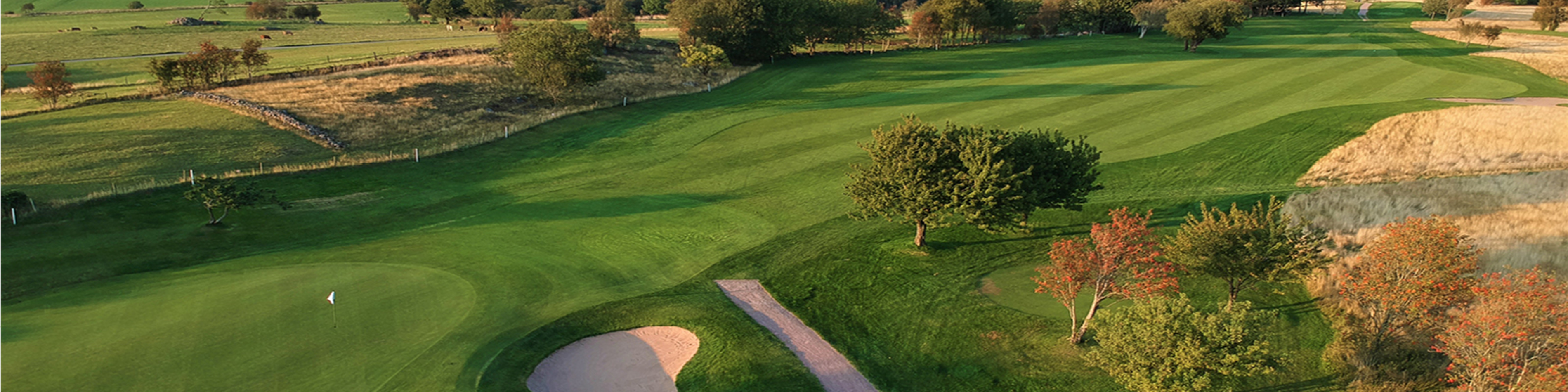 Golfbane med velplejede grønne fairways og træer på en solbeskinnet dag set fra oven.