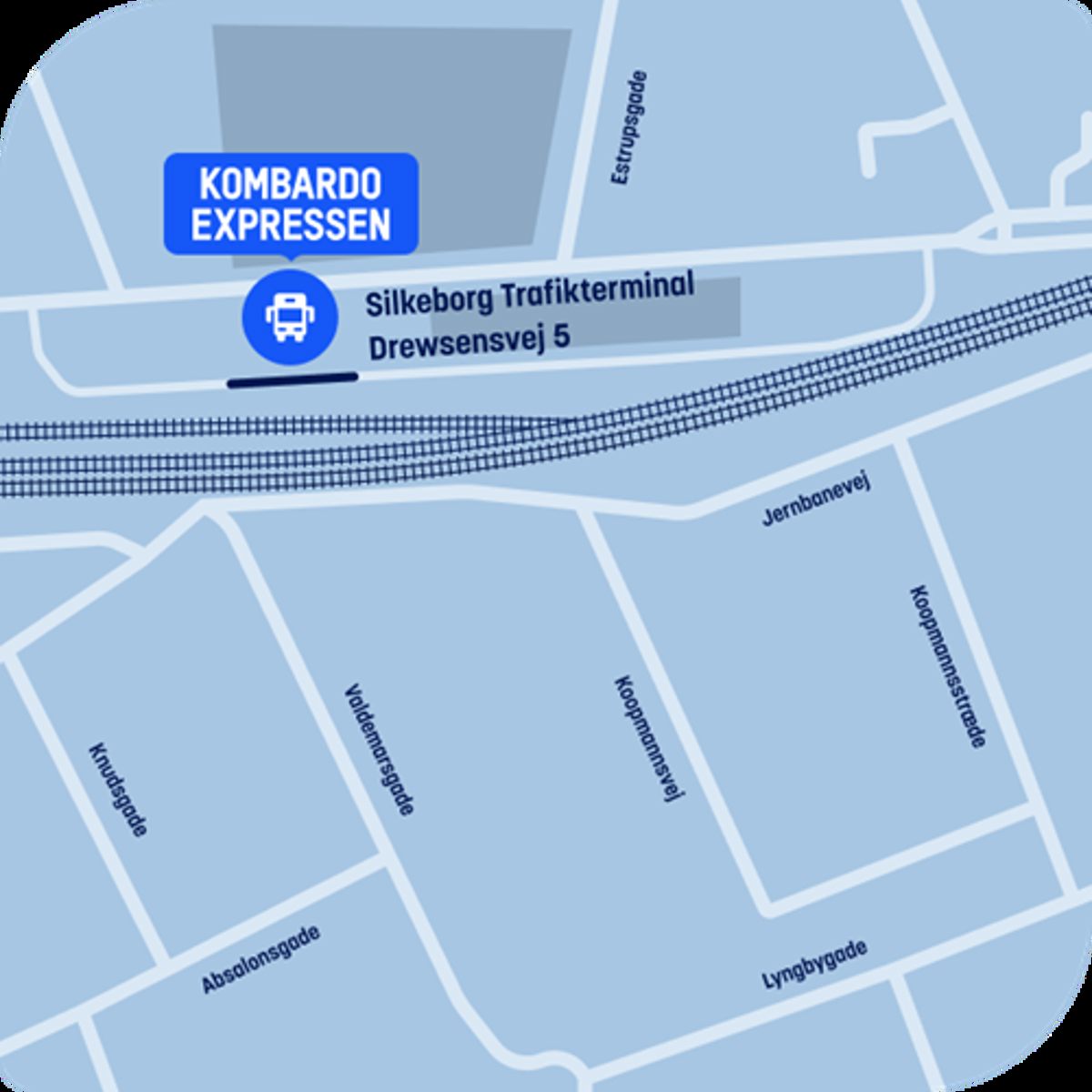 Kort viser placeringen af Silkeborg Trafikterminal på Drewsensvej 5 med jernbanespor i nærheden.