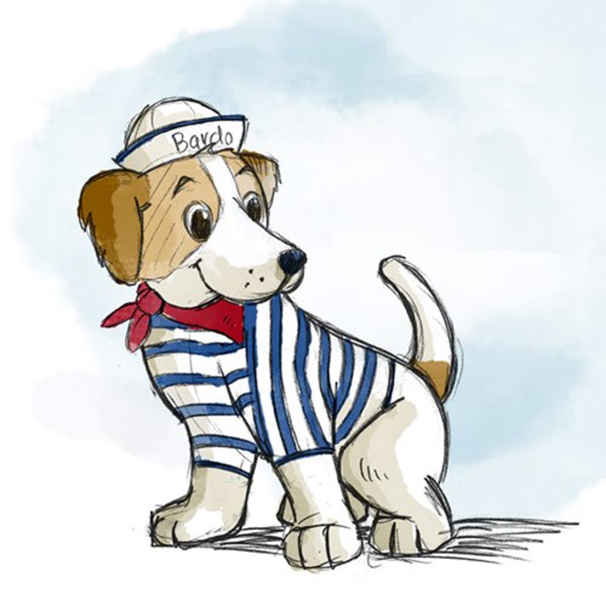 Tegning af hund i matrosdragt med hvid hat og blåstribet trøje, ser glad ud på hvid baggrund.