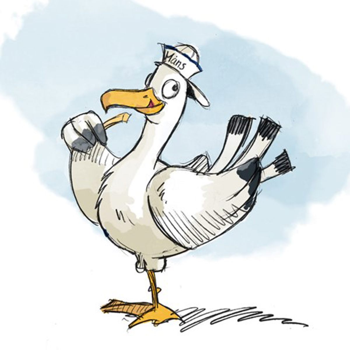 Karakteristisk tegning af en måge iført matroskasket med navnet "Måns," som holder en brødkrumme og smiler.