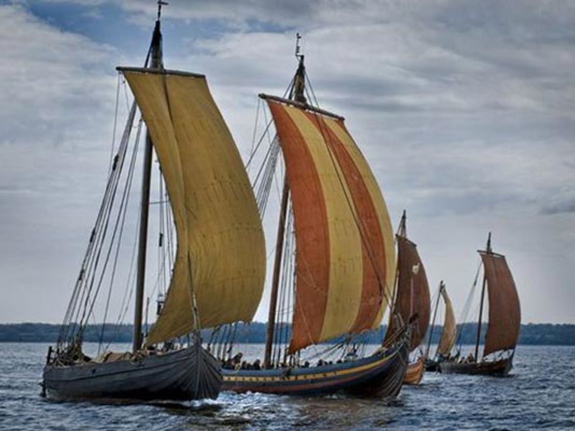 Vikingeskibe med farverige sejl sejler på roligt hav under en skyet himmel, set fra siden.