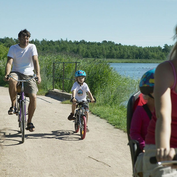 Pappa och barn cyklar längs en naturskön väg nära Hornbak, båda bär hjälm för säkerhet på resan.